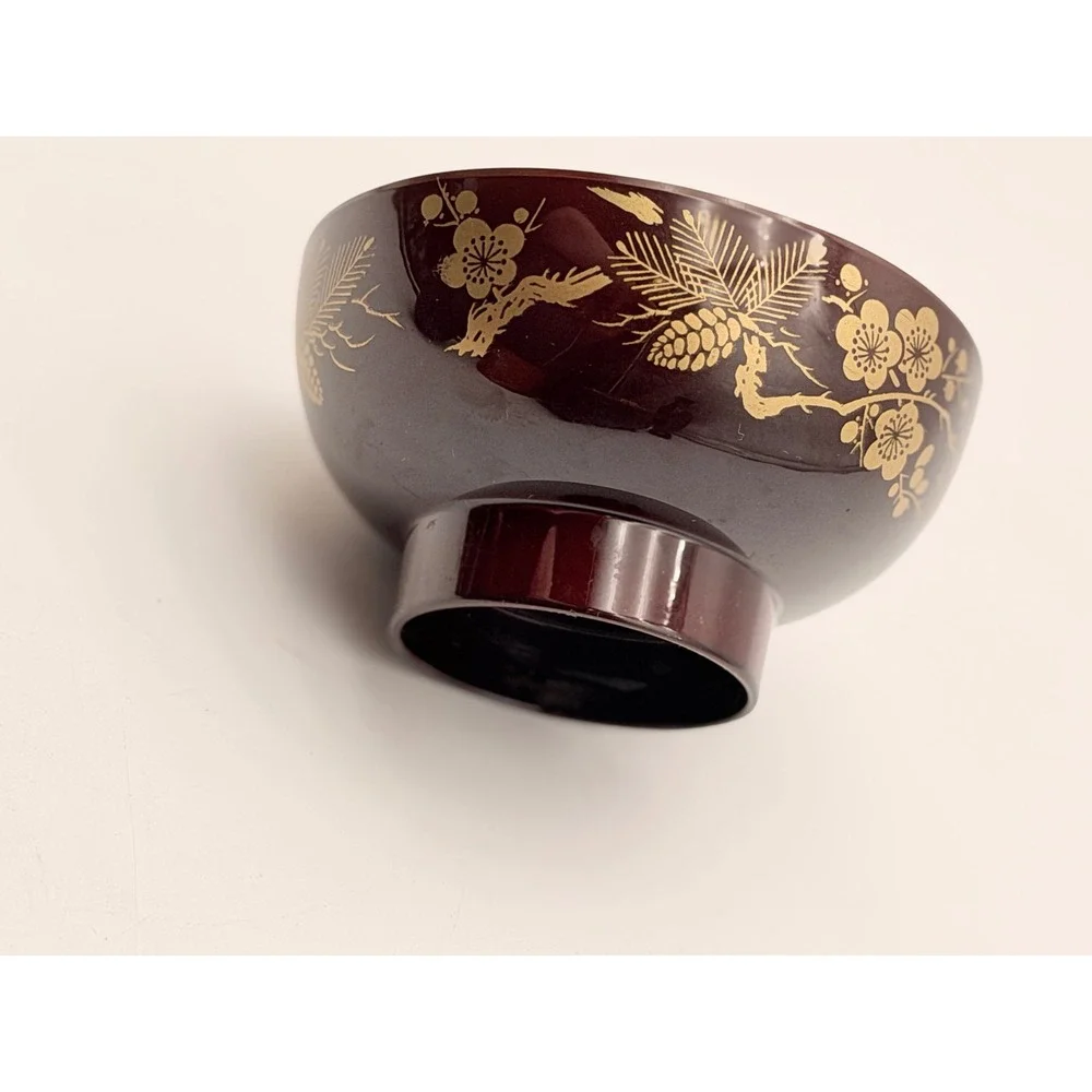 Japanese Lacquerware Miso Soup Bowl Red Gold Floral Pine Branch Design 4.75in